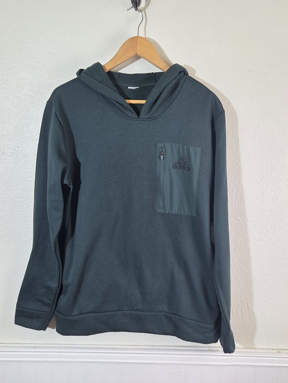 Adidas Hoodie Mens Large Green Pullover Sweatshirt Fleece Pocket Athletic